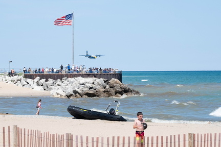 Beach Scene with Blue Angels Fat Albert and Zodiac Boat - Milwaukee Air Show 2025